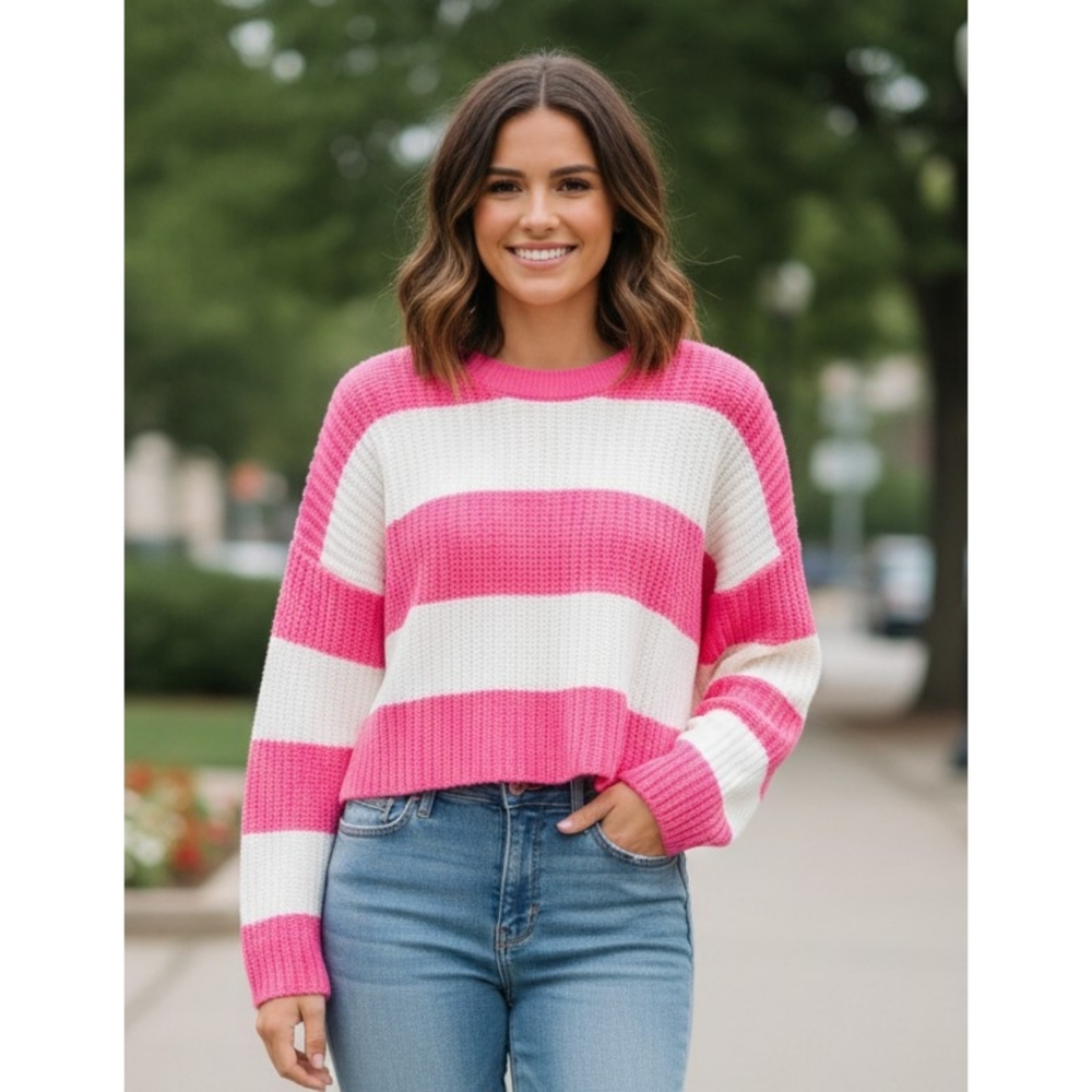 Jessica Simpson Bubble Gum Pink & White Cropped Sweater Size L